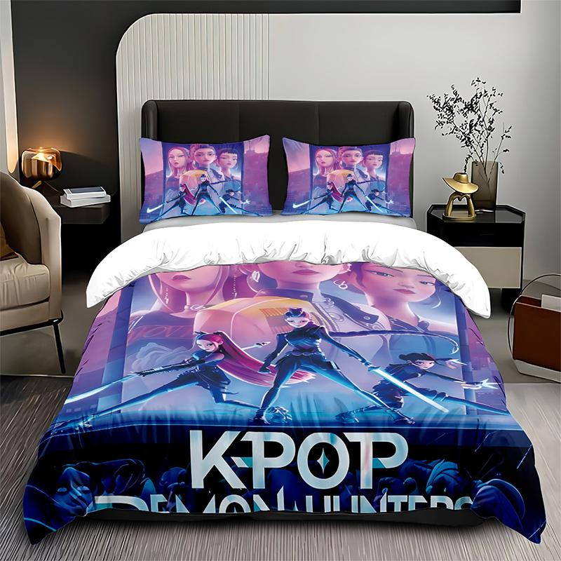 K-Pop Bedding Set Demon Hunters Themed Pink Or Black Other Side Print Polyester Student Dormitory Duvet Cover Boys Girls Gift