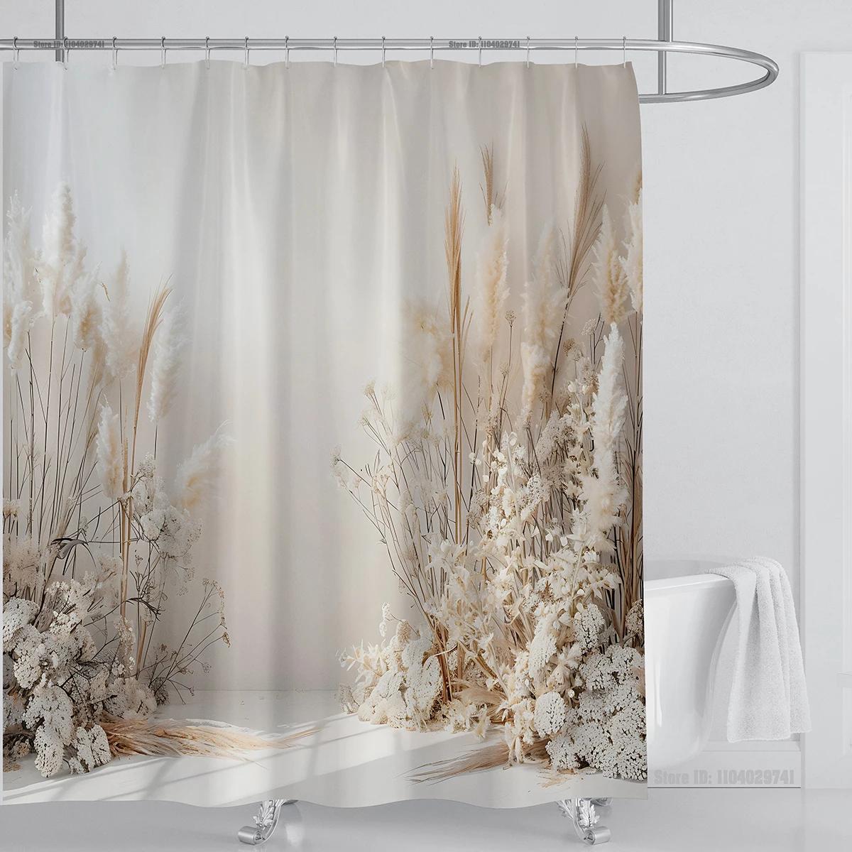 

Elegant Floral Shower Curtain - Soft White Flowers & Grass Design For Romantic Bathroom Dcor, Waterproof & Easy Care W60H190(CM)-1 Pcs