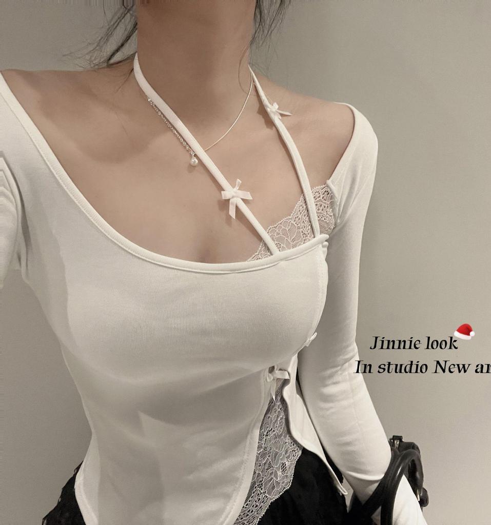 Stylish Lace Patchwork Halter Top for Women - Slim Fit Early Spring T-Shirt