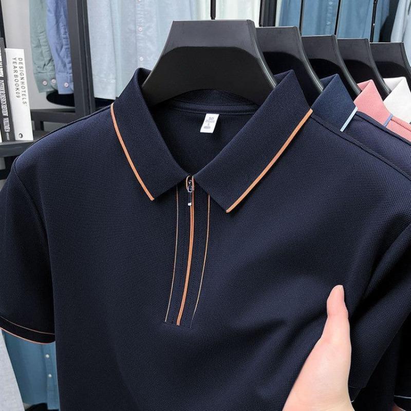 Men s Zipper Collar Contrast Stitching Waffle Knit Polo Shirt M синий