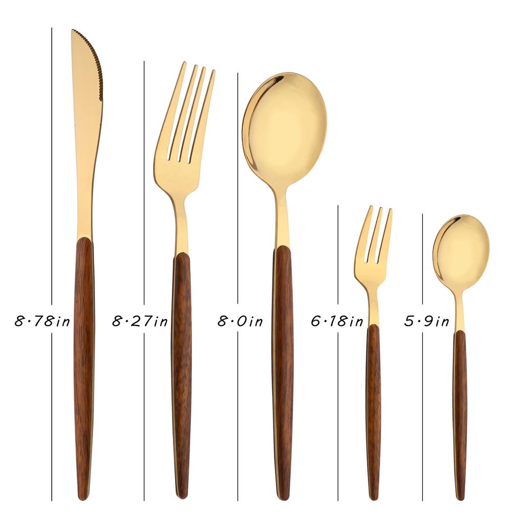 Gold Imitation Wood Handle Cutlery Set Western Stainless Steel Tableware Set 20PcsPcs Kitchen Knife Fork Spoon Dinnerware Set