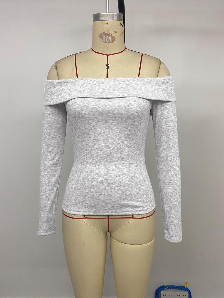 Baifen Zhi Yi European & American 2025 Spring/Autumn Sexy Slim-Fit Solid Color Off-Shoulder Long Sleeve T-shirt