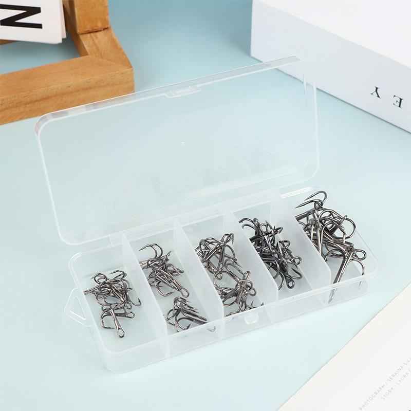 High Carbon Steel Treble Hooks 50Pcs Sharp Round Bend Strong Fish Hook Kit Split Rings for Lure Fishing