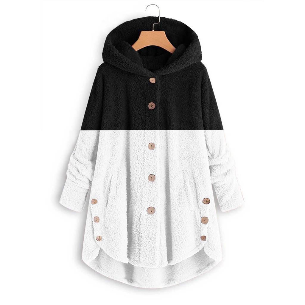 Women's Fashionable Patchwork Loose Hooded Plush Button Long Sleeved Loose Warm Jacket