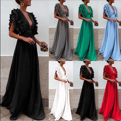 Women Plus Size Solid Vintage Fly Sleeve Back Hollow V-Neck Long Party Dress