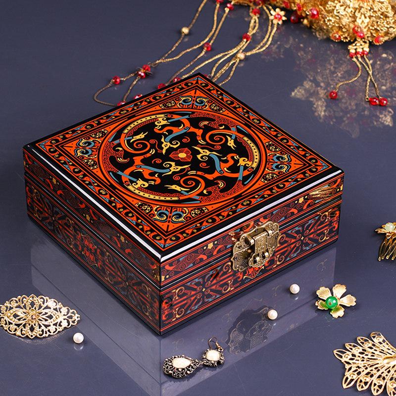 Vintage Chinese Lacquer Jewelry Box Han Pattern Classical Wooden Gift Box Luxury Storage