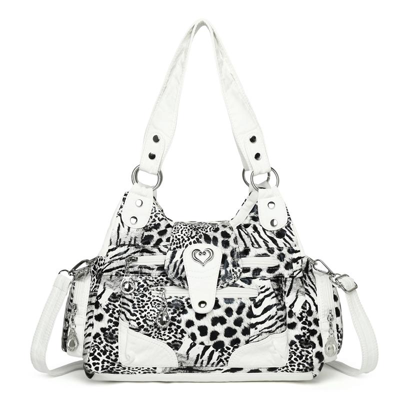 Leopard Print PU Leather Women Handbag Heart Ornament Multi Zipper Pockets Large Capacity Casual Shoulder Crossbody Bag