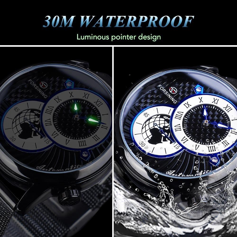 FORSINING Automatic Mechanical Wristwatch Military Sport Male Clock Luxury Golden Case Creative Dial Men Stainless Steel Mesh Strap Watch