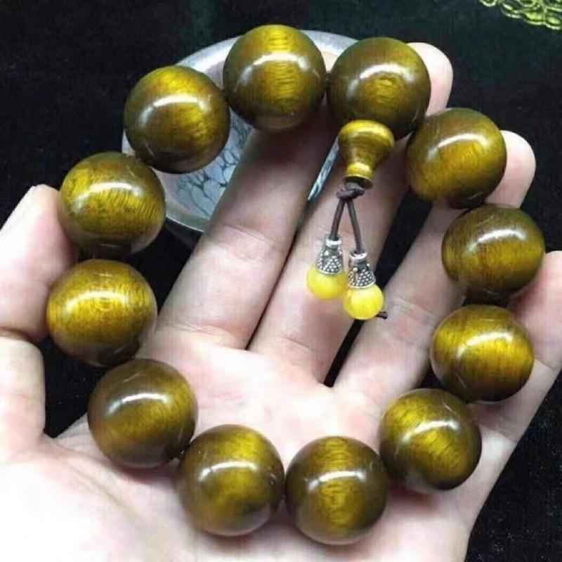 Gold-Veined Phoebe Wood Wenwan Bead Bracelet - Dark Wood, Water Ripple Pattern, Unisex, 2.0 Size.