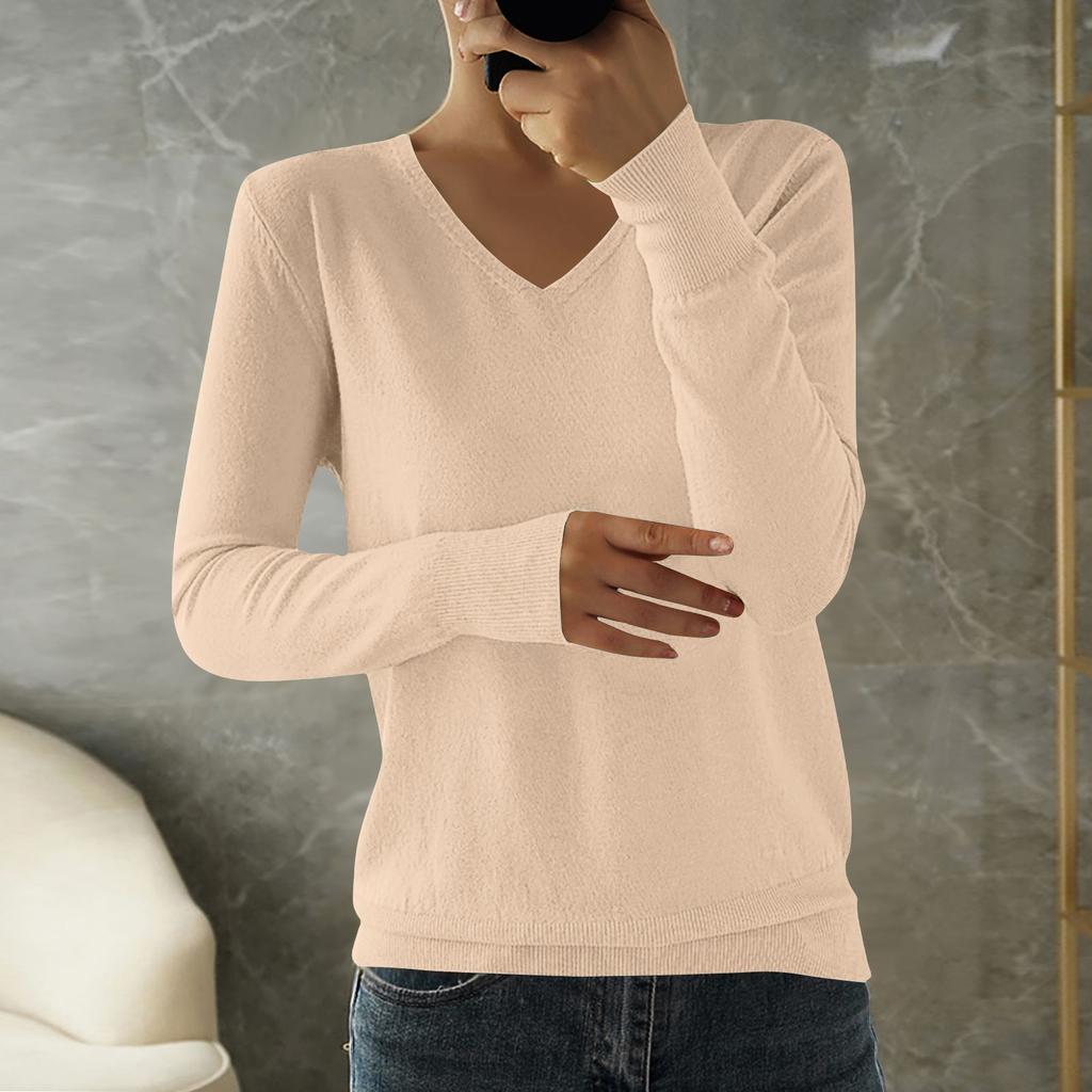 Women's Fashion Loose Knit Sweater Bottom Shirt V-Neck Pullover Long Sleeve Solid Color Top