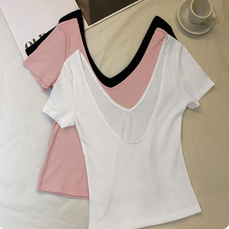 Fashion Short Sleeve V-neck Backless Sexy Women's T-shirt Summer Slim Fit Casual White Tee Tops Office Lady Solid Elegant Woman Knitted T Shirts 24982