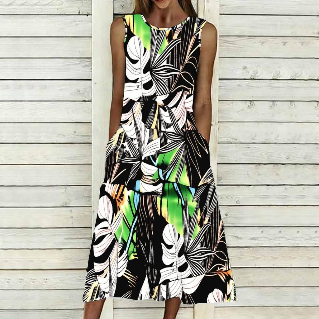 Oversized Women Sleeveless Round Neck Dress Stylish Multicolor Floral Branch Flowy Mid Calf Dress