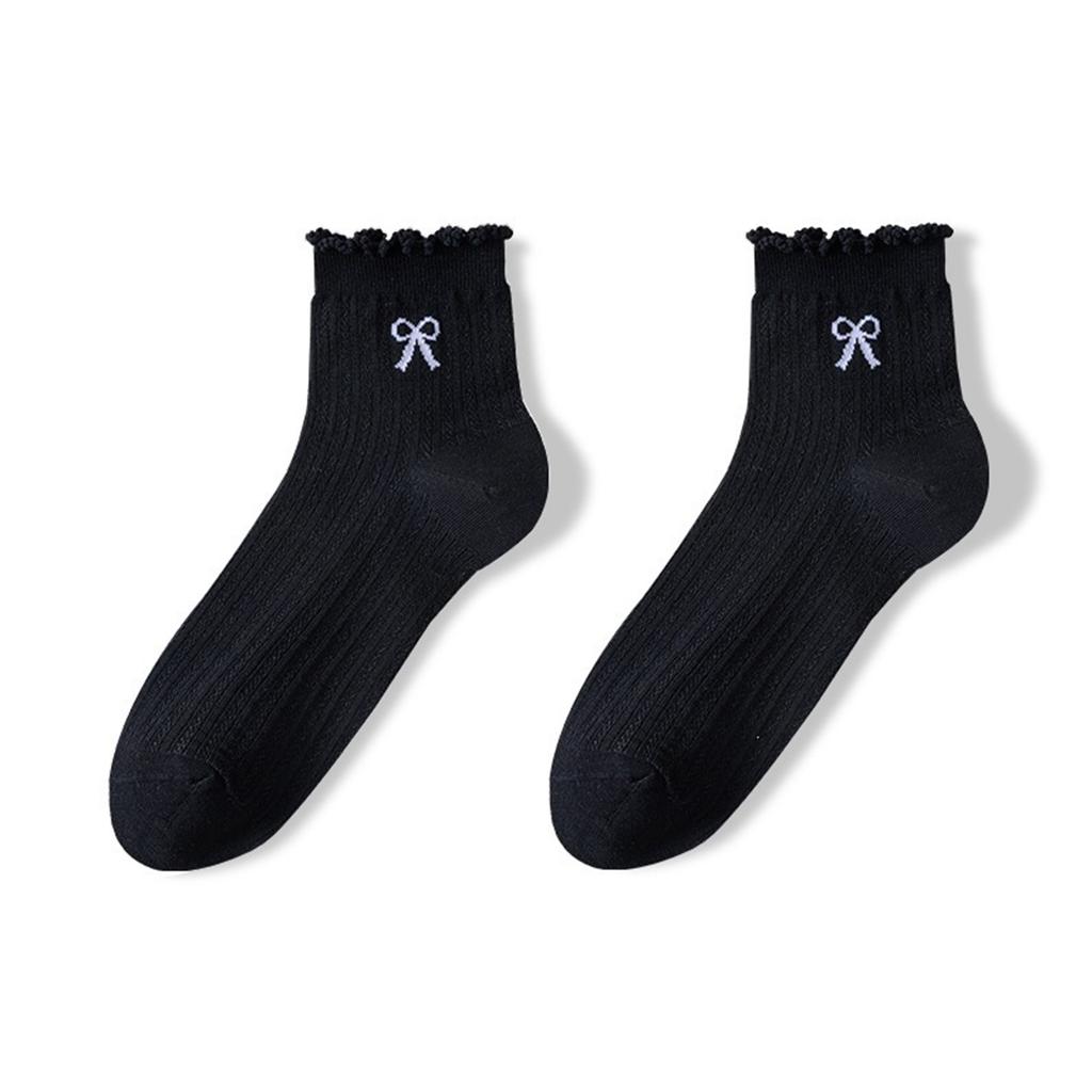 Women’s Lightweight Mesh Ankle Socks Breathable Lace Trim Crew Socks with Bow Embroidery and Hollow Out Design for Everyday Wear