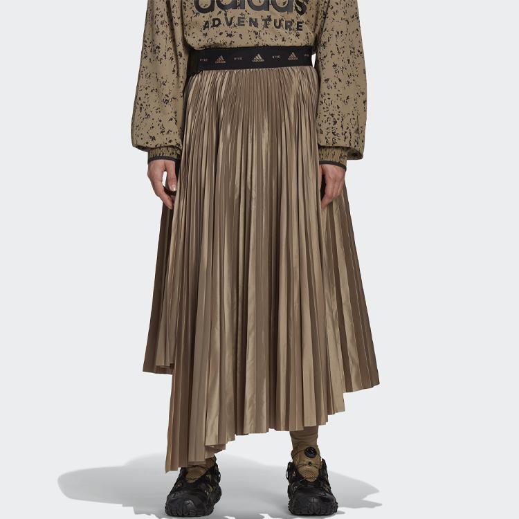 Adidas Originals X Hyke Asymmetrischer Saum Einfarbig Mittelhoch Anliegend Plissierter Maxi-Rock Damen Röcke Gelbbraun GP3042