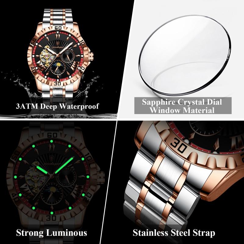 POEDAGAR Luxury Men Clock Hollow Tourbillon Automatic Mechanical Watch Waterproof Luminous Stainless Steel Watches+Box