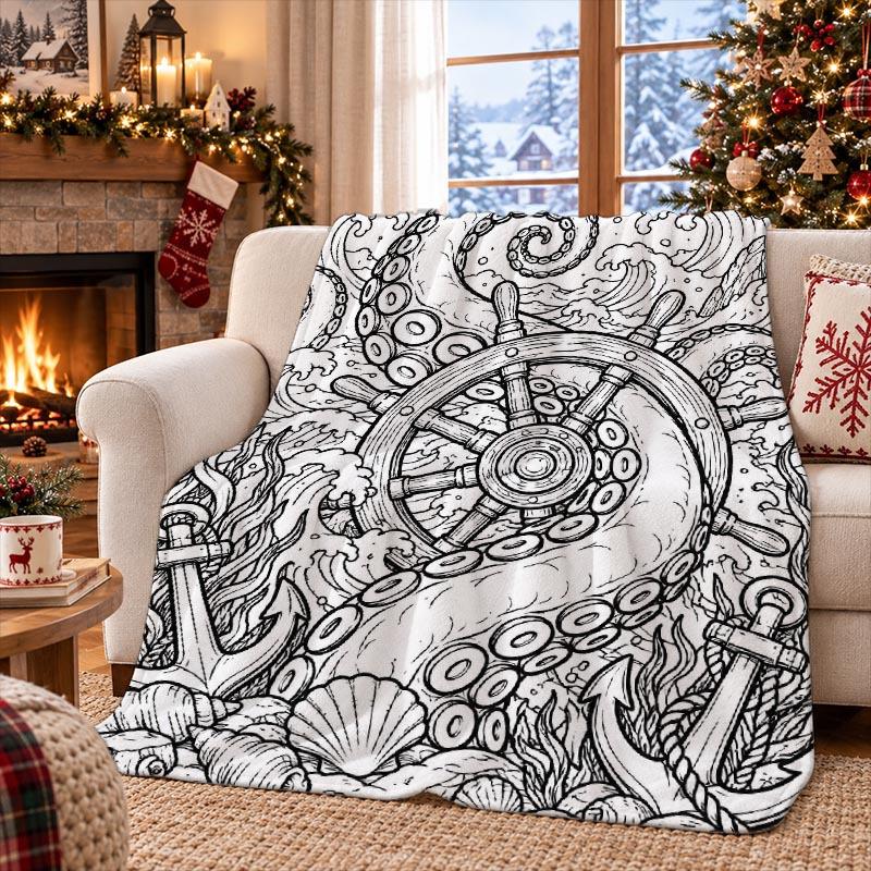 1pc Deep Sea Enormous Squid Wrapping Ship Rudder Anchor Chain Ocean World Printed Fleece Blanket, Fleece Sofa Blanket, Bed Cover Blanket, Office Nap B