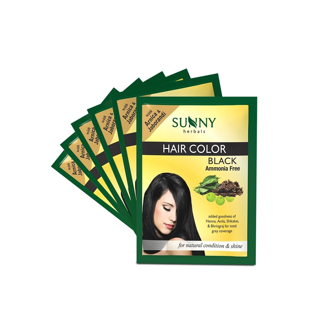 Sunny Herbals Black Hair Color 20G X 6 Pack | Henna Amla Shikakai Bhringraj | Ammonia & Silicone Free | Long-Lasting Root-to-Tip Color