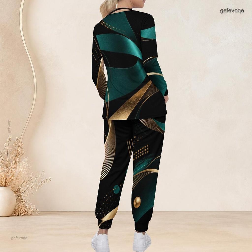 Women Plus Size Black Blue Printed Nurse Scrub Set V Neck Long Sleeve Pocket Top Long Pants