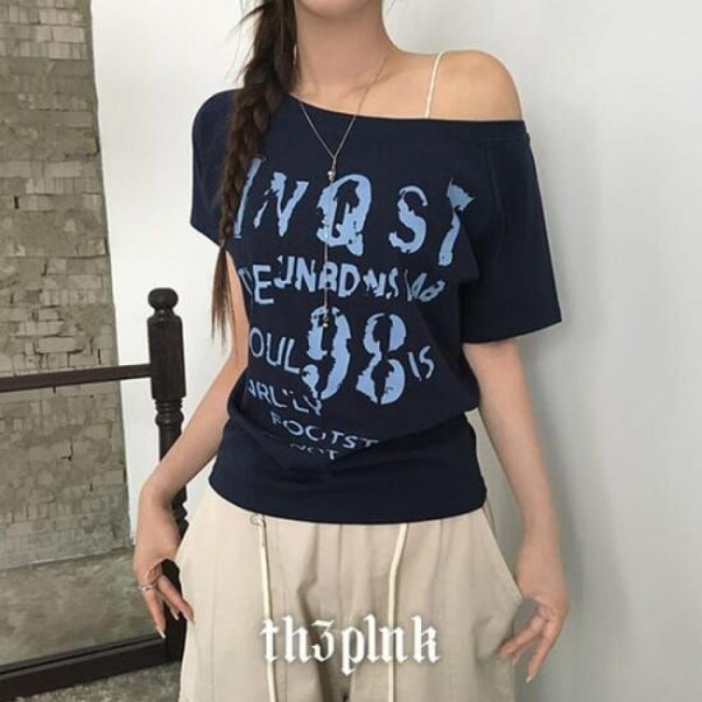 The Pink Loose FiT BoaT Neck VinTage Crack PrinTing T shirT