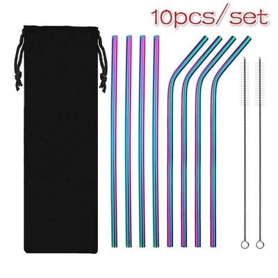 Set de 10 Pajitas Metálicas Reutilizables de Color Arcoíris con Cepillo Limpiador Pajitas para Beber de Acero Inoxidable 304 Artículos para Beber Accesorio para Fiesta de Bar
