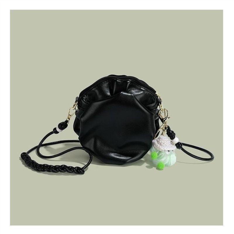 

China Cute Girl Ruched Small round Bag Fancy Small Bag Female 2025 Summer New Arrival Shoulder Messenger Bag H62-ruched round leather bag-Black (send pendant)