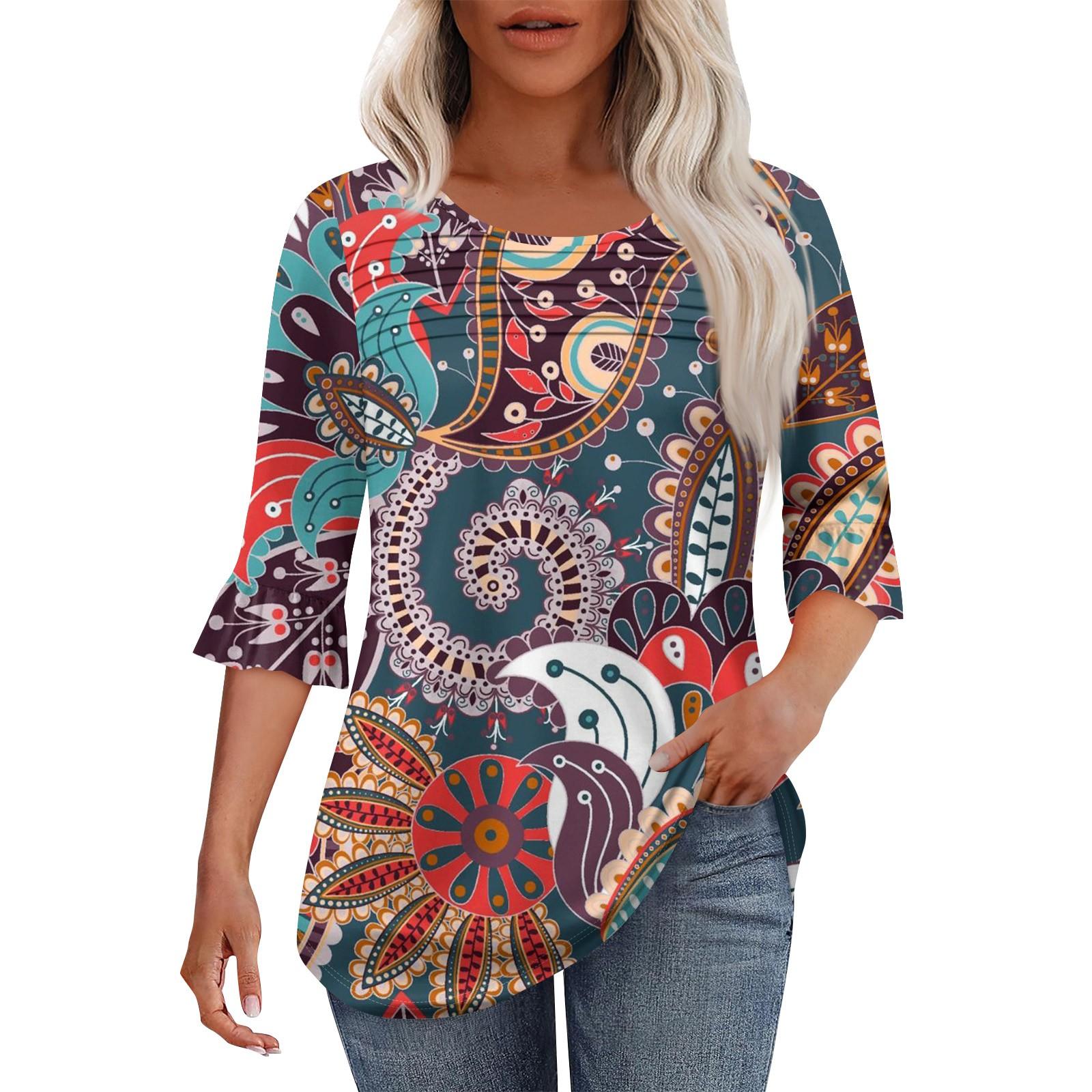 

Женская мода круглый вырез шея плиссированный спереди напечатанные точки расклешенный топ рукав 3/4 XXXL