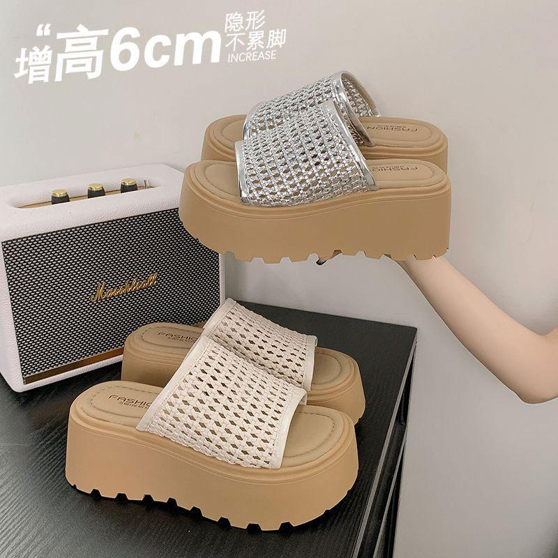 Thick Bottom Heightened Slope Heel Birkencool Slippers Women's Summer Wear 2025 New Model with Skirt Mesh Hollow One-word Drag