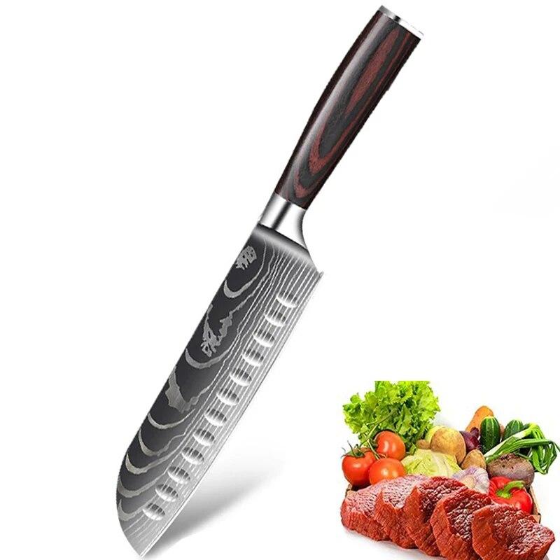 Stainless Steel Santoku Chef's Knife Japanese Laser Damasko Pattern Boning Knife Fruit Knife Cooking Multi-purpose Knife Kitchen Accessories