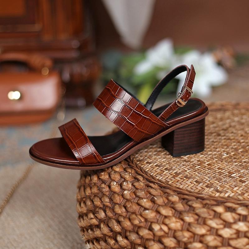 Open Toe Shoes Summer Women Sandals 2024 New Fashion Buckles Genuine Leather Thick Heels Pumps Buckles Party Basic Shoes Woman