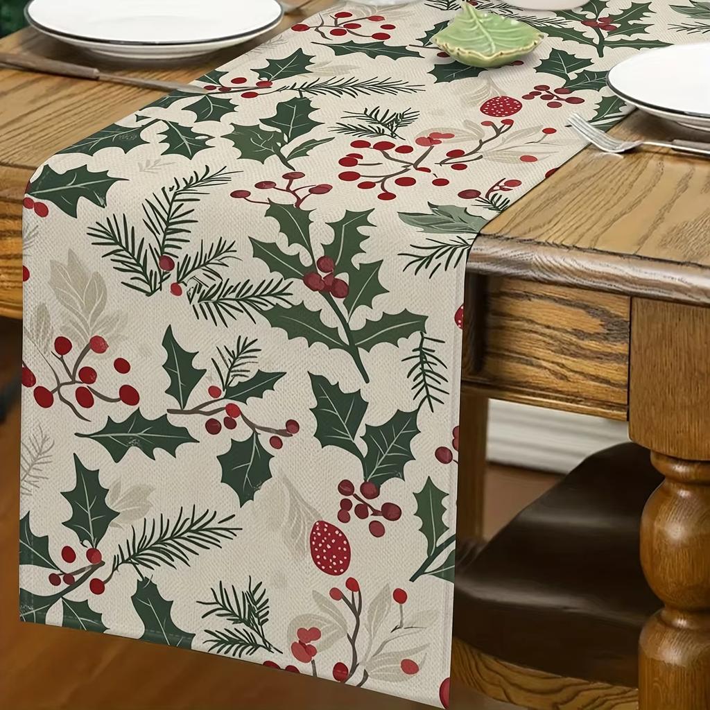 Böhmischer Weihnachts-Tischläufer Stechpalmenrot Beeren Grünes Laub Rechteckig Küche Esszimmer Feiertags-Partydeko