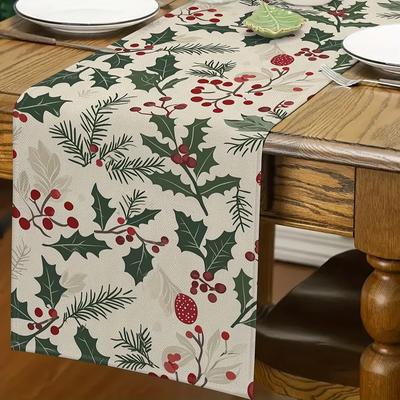 Bohemian Christmas Table Runner Holly Red Berries Green Foliage Rectangular Kitchen Dining Holiday Party Decor