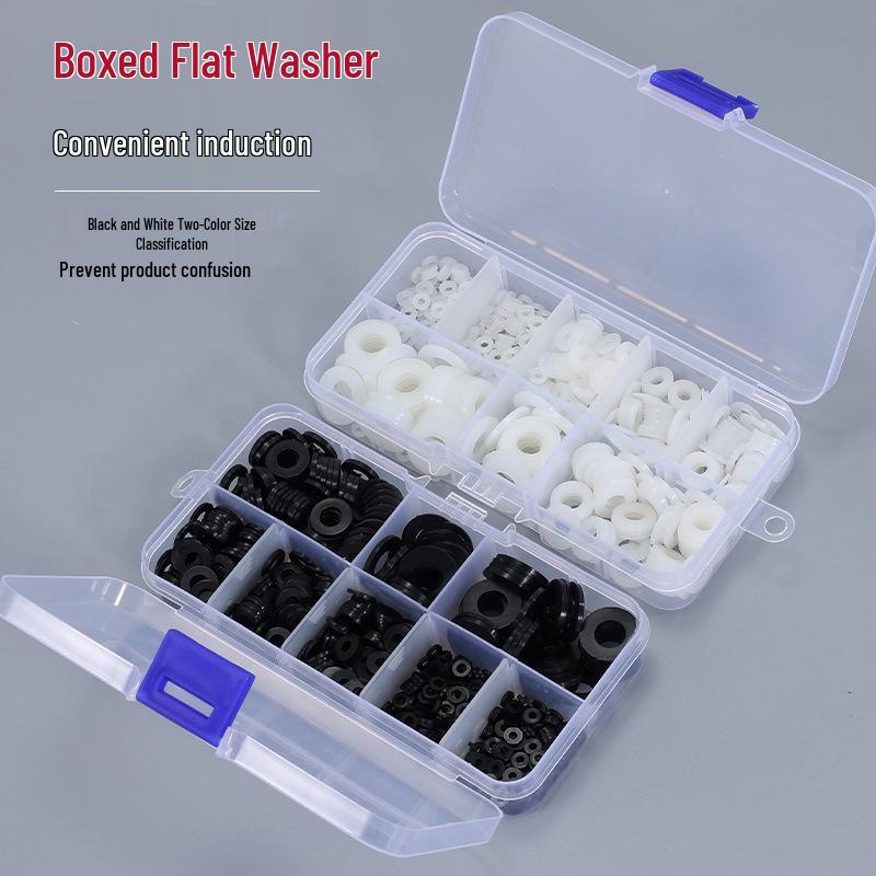 White and Black PA66 Nylon Flat Washer Set - Waterproof, Boxed, Sizes M2-M12