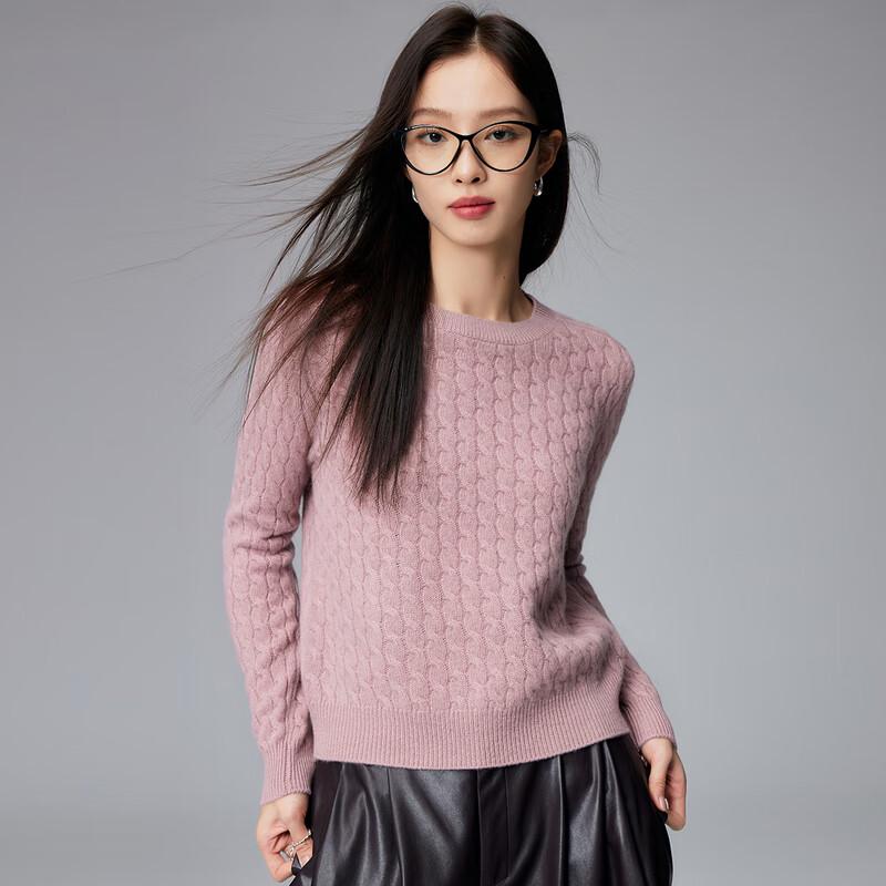 Paruo Women's 100% Cashmere Round Neck Cable Knit Sweater
