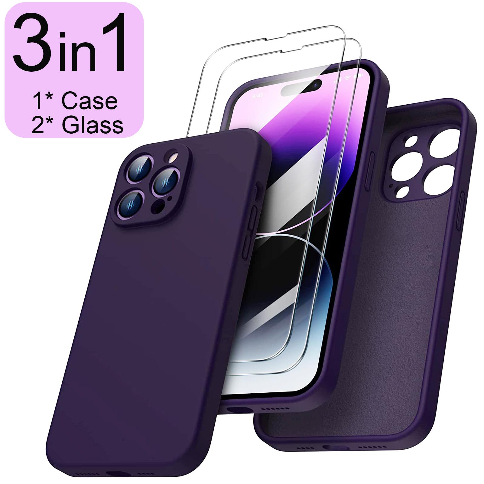 

3 в 1 3 шт. = 1 чехол + 2 стекла Жидкий силиконовый чехол для iPhone 14 Pro Max 13 Mini 12 11 X XS MAX XR 14 Plus Защитная пленка для экрана Закаленное стекло iPhone 14 Plus белый