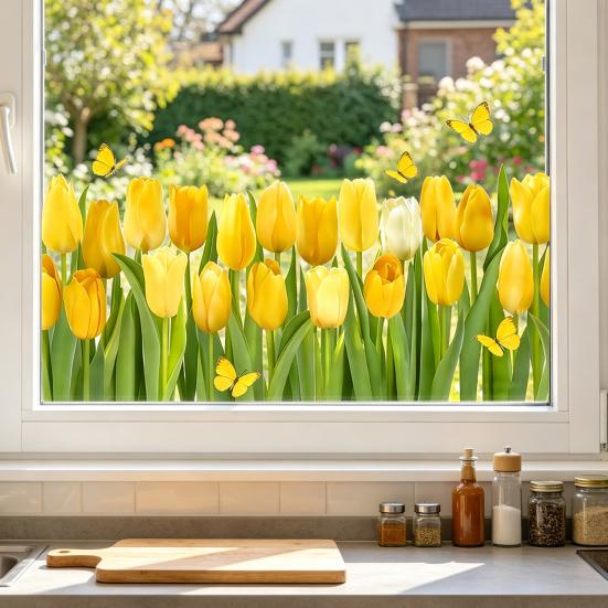 Adesivo per Finestra Fiore di Tulipano, Decalcomanie Floreali Primaverili con Farfalle per Festa di Primavera Casa Scuola Ufficio Negozio Decorazione Vetro