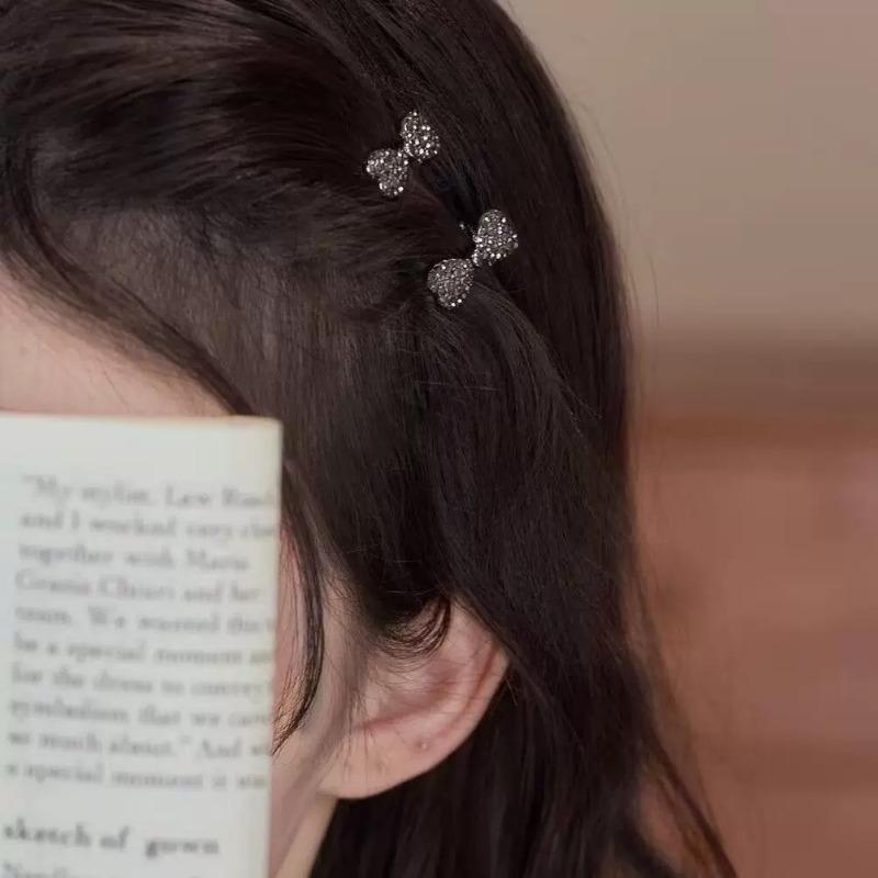 Mini gray rhinestone bow hairpin side clip light luxury high sense forehead broken hairpin cute small clip hairpin