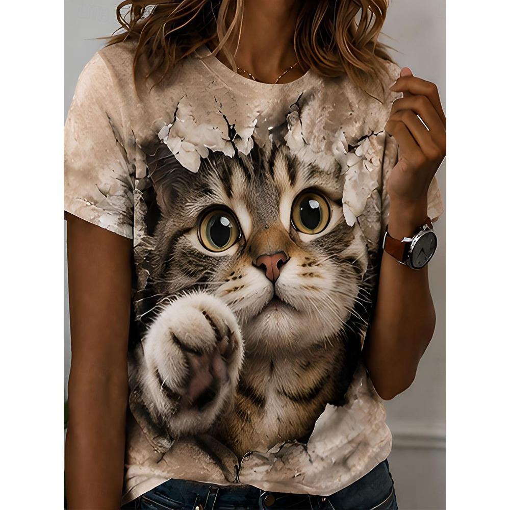 3D Cute Cat Graphic T-Shirt for Women Clothing Stylish Realistic Animal Summer Tees Casual Streetwear Paw Print Female Tops Gift