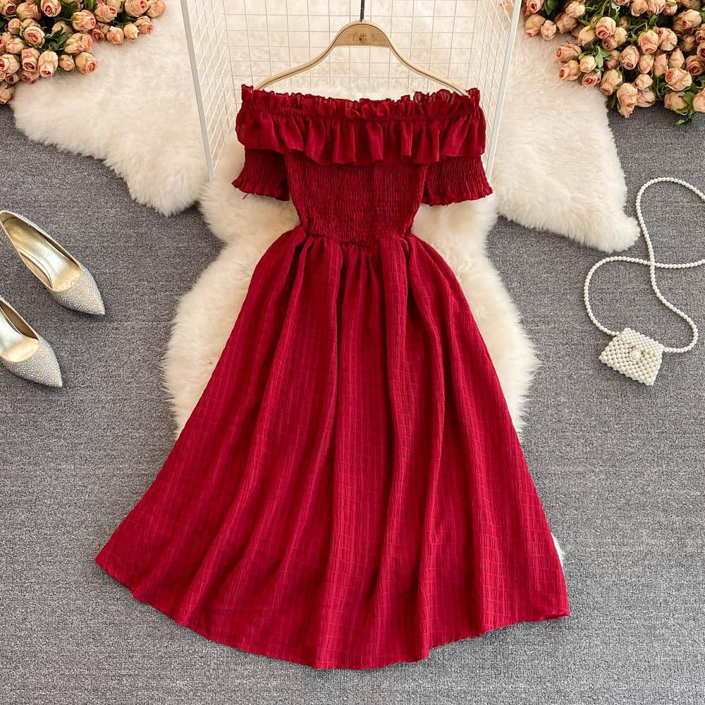 Seaside Vacation Beach Dress Summer Fashion One-word Shoulder Off-the-shoulder Pleated Ruffle A-word Chiffon Dress Short Sleeve
