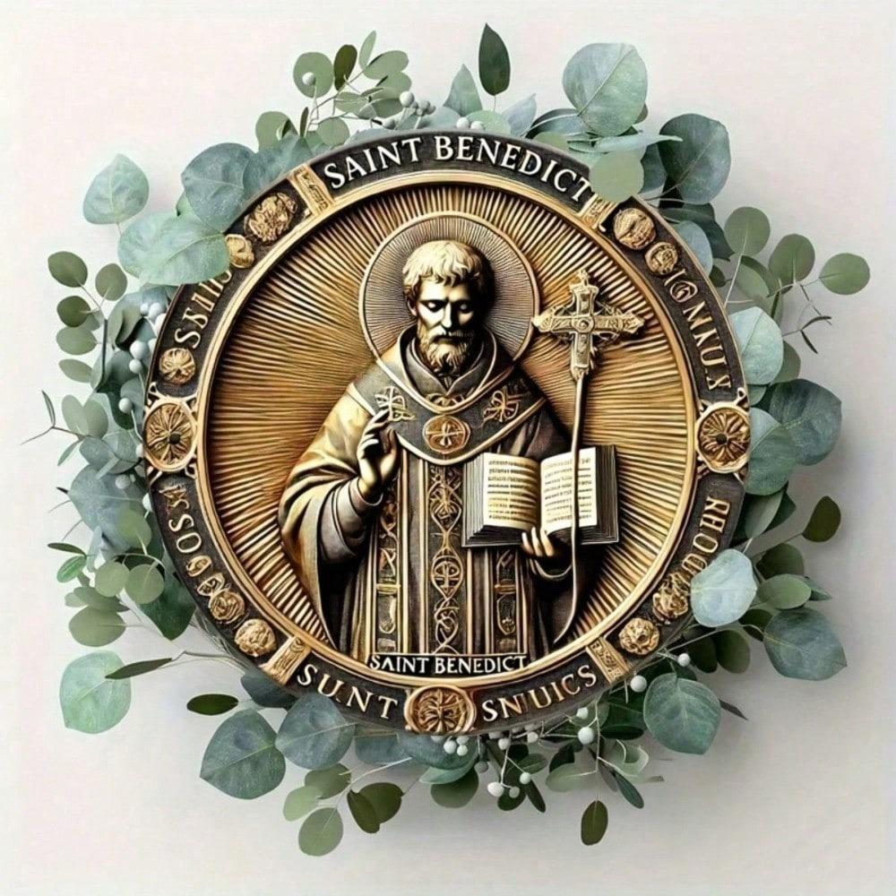 St. Benedictusmedaille 2D Metalen Wandkunst Gouden Plaquette 20x20 cm Religieuze Woondecoratie