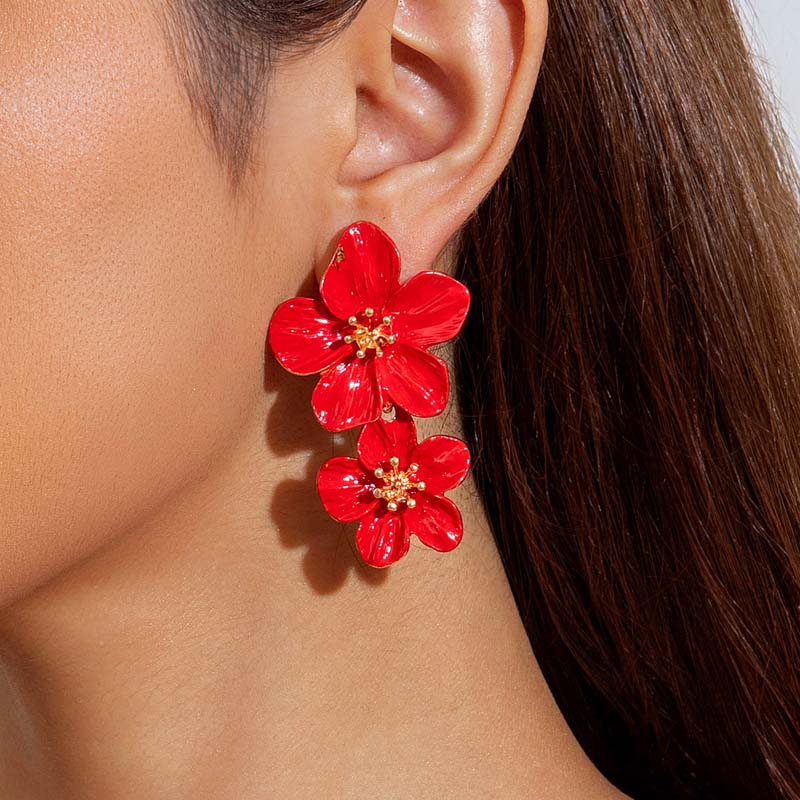 Bohemian Colorful Drip Oil Flower Pendant Earrings for Women Exaggerated Metal Long Double Flower Tassel Earrings Jewelry Gifts