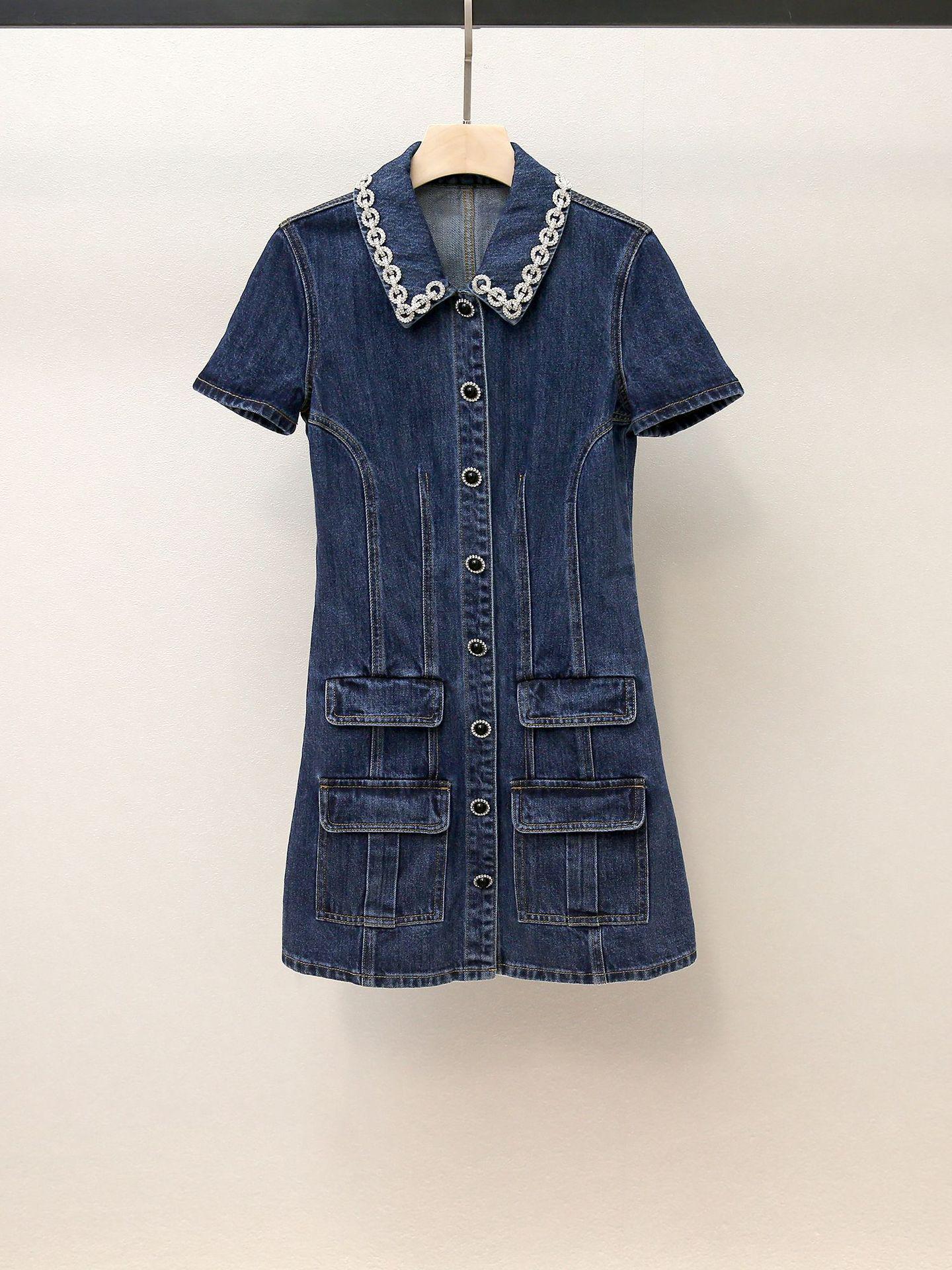 

Women s Autumn French Style Rhinestone Turn-Down Collar A-Line Denim Dress Small синий