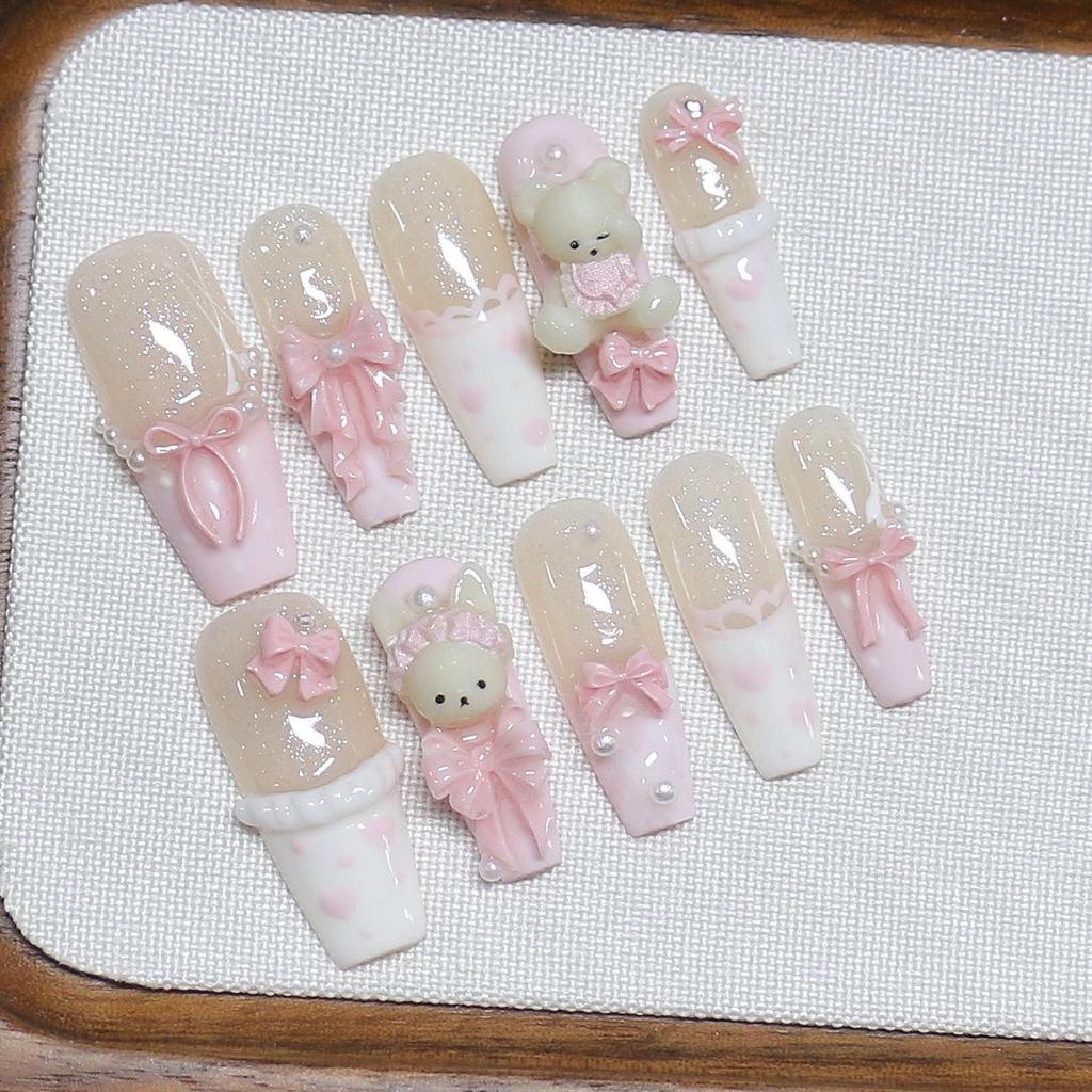 Handmade Pink Candy Bear Nail Patches - Cute, Long Style for Girls