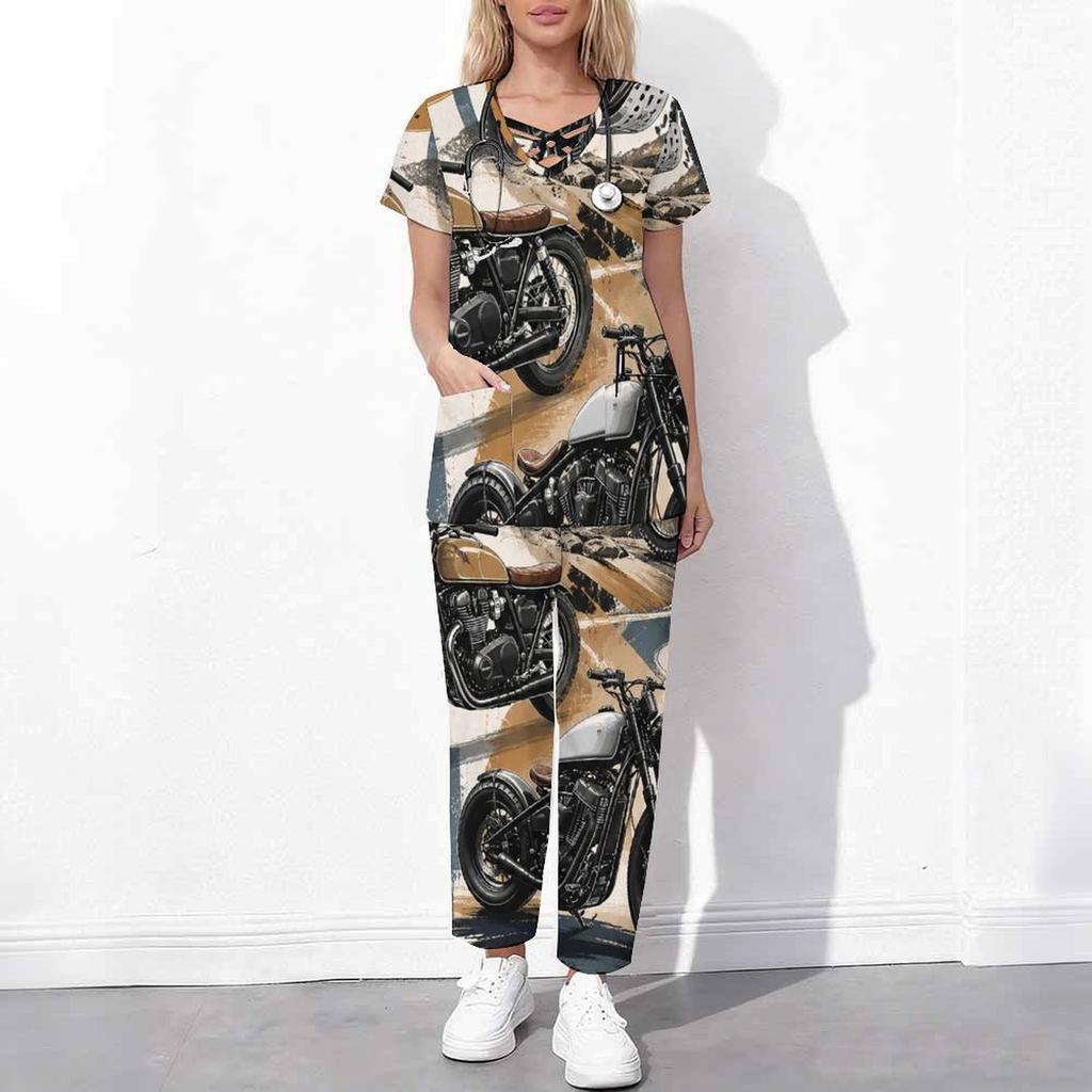 Women Plus Size Cartoon Excavator Printed Scrub Set Cutout Neck Short Sleeve Pocket Top Long Pants Two Piece
