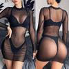 See Through Porn Black Lace Bodysuit Sexy Fishnet Lingerie Women Sexy Solid Color Slim Dress Hollow Long Sleeves Teddy Bodysuits