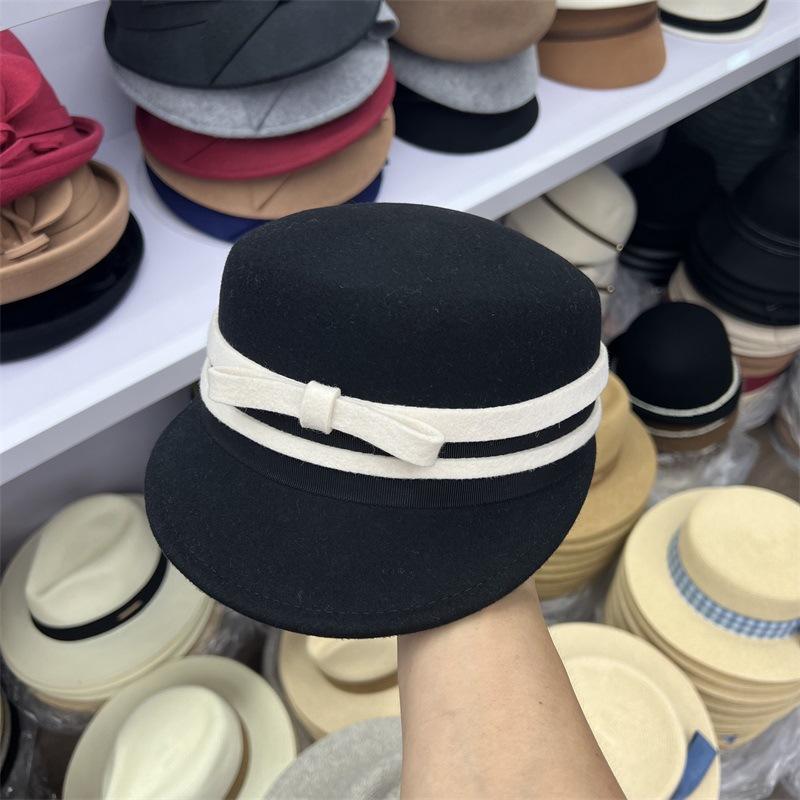 

Осенне-зимняя шерсть, повседневный контрастный бант, жокейская шляпа, кепка с козырьком, модная шляпа для шопинга, для женщин, подчеркивающая маленькое лицо M（56-58cm） чёрный