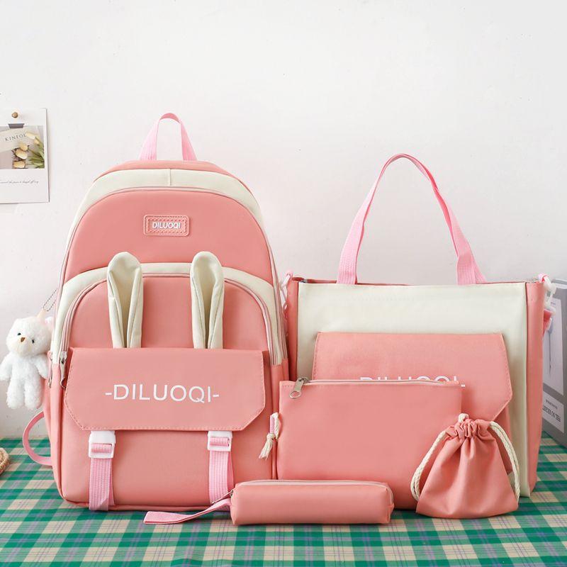 

Autumn New Canvas Backpack Women s Korean Version Large Capacity Five-Piece Set Middle School Student Backpack College Student 8121 black