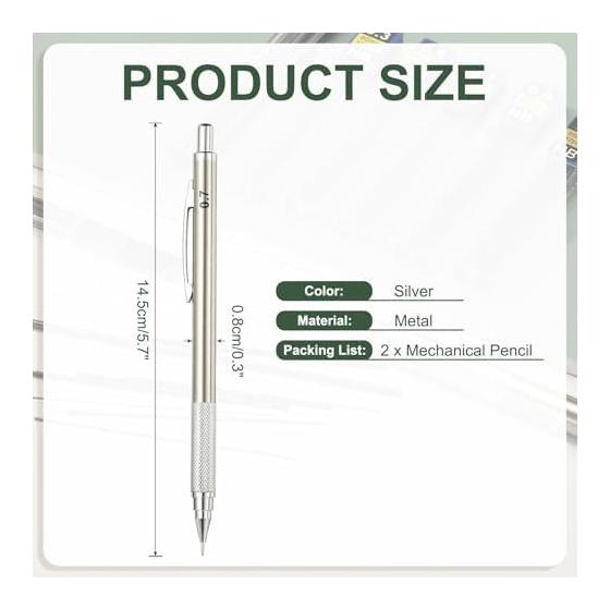 PATIKIL 2pcs 0.7mm Drafting Mechanical Pencil, Medium Point, Automatic Metal Holder for Drawing, Sketching, Woodworking, Silver