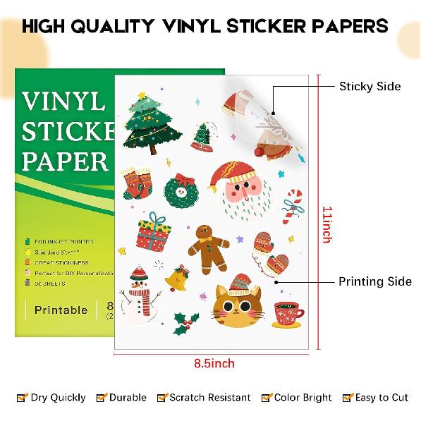30 Sheets Printable Clear Sticker Paper for Inkjet Printer, Premium Vinyl Transparent Sticker Paper Waterproof, Dries Quickly, Vivid Colors, Tear