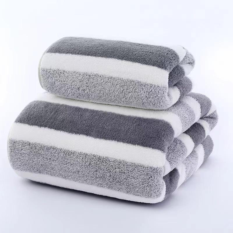 Three-Color Striped Coral Fleece Bath Towel Set - Thick, Water-Absorbent, Quick-Drying, Shed-Free