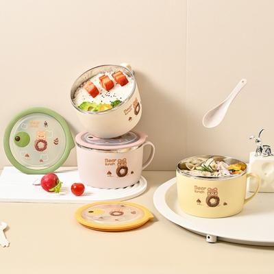 Stainless Steel Instant Noodle Bowl Bear Pattern Anti-scald Lunch Box Double Insulated with Lid Rice Bowl Kitchen Supplies